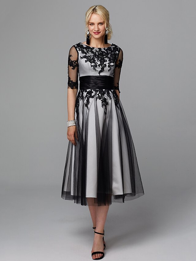  A-Line Vintage Dress Wedding Guest Tea Length Half Sleeve Jewel Neck Lace with Sash / Ribbon Appliques 2023
