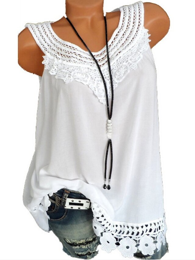  Women's Tank Top Solid Colored Round Neck Lace Patchwork Tops White Black Purple