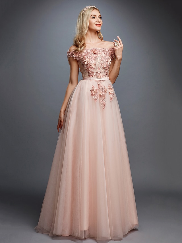  A-Line Floral Dress Prom Formal Evening Sweep / Brush Train Off Shoulder Sleeveless Tulle Over Lace with Appliques 2022