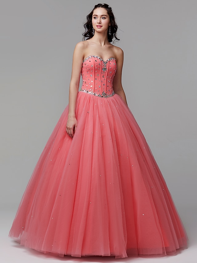  Ball Gown Elegant Sparkle & Shine Beaded & Sequin Quinceanera Formal Evening Dress Sweetheart Neckline Sleeveless Floor Length Satin Tulle with Crystals 2021