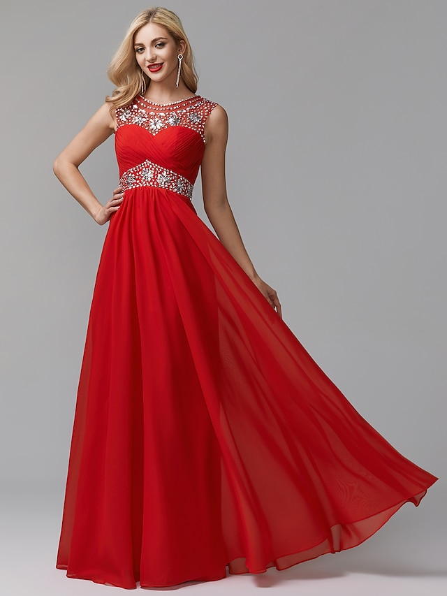 A-Line Empire Prom Formal Evening Dress Jewel Neck Sleeveless Floor ...