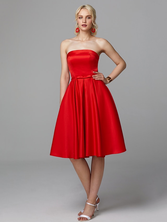  A-Line Minimalist Elegant Cute Homecoming Cocktail Party Valentine's Day Dress Strapless Sleeveless Knee Length Satin Stretch Satin with Bow(s) Pleats 2021