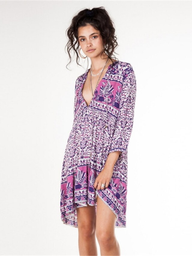 Women's Chiffon Dress Short Mini Dress Purple Long Sleeve Deep V Boho Bohemia Beach S M L XL