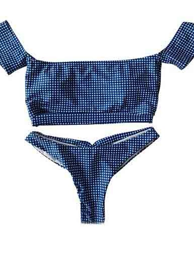  Women's Swimwear Bikini Swimsuit Check Blue Strapless Bathing Suits