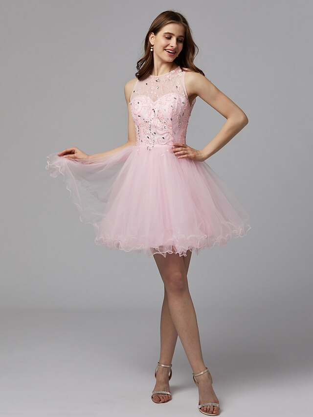  A-Line Beautiful Back Homecoming Cocktail Party Dress Jewel Neck Sleeveless Short / Mini Tulle with Beading 2020