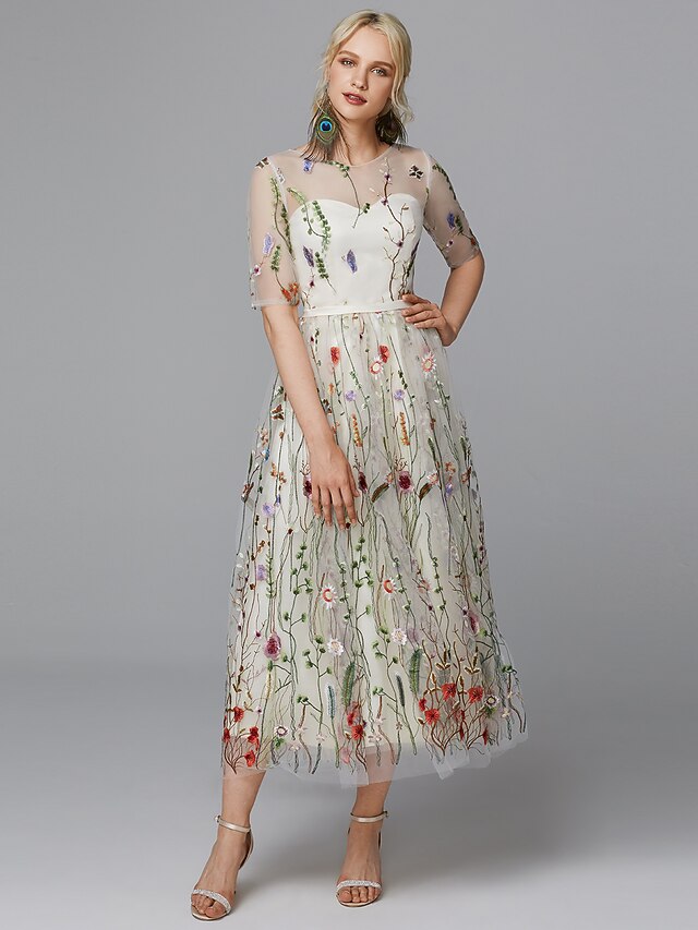 A-Line Floral Dress Valentine's Day Wedding Guest Tea Length Half Sleeve Illusion Neck Lace with Embroidery Appliques 12