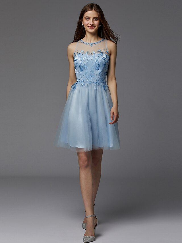  A-Line Cute Homecoming Cocktail Party Dress Jewel Neck Sleeveless Short / Mini Lace Tulle with Beading 2021