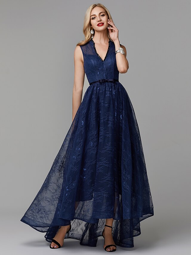  A-Line Elegant Dress Prom Asymmetrical Sleeveless V Neck Lace with Bow(s) Beading 2022