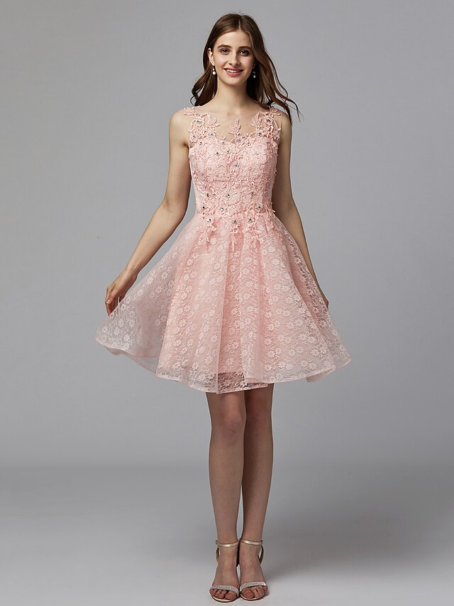  A-Line Cute Dress Homecoming Cocktail Party Short / Mini Sleeveless Illusion Neck Lace with Beading Appliques 2024