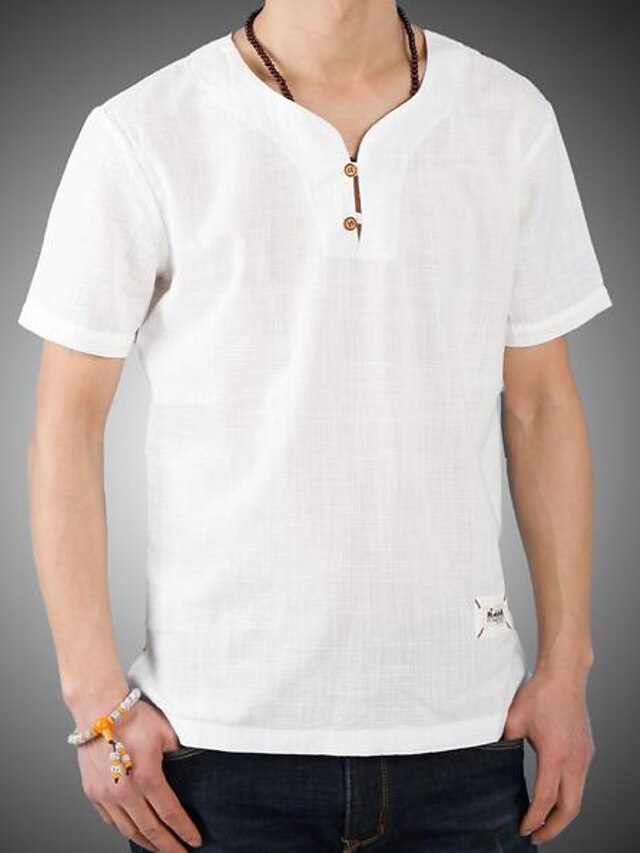  Men's Daily Shirt Solid Colored Short Sleeve Tops Chinoiserie V Neck White Khaki Navy Blue