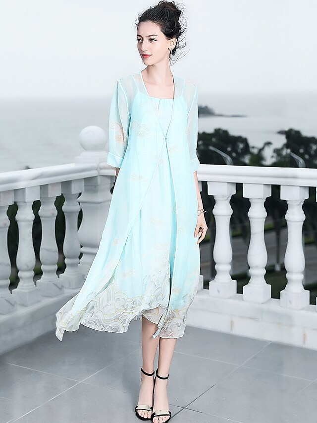  Women's Daily / Holiday Basic / Boho Loose A Line / Swing Dress - Floral Print Strap Summer Silk Blue M L XL
