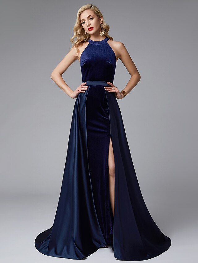  A-Line Furcal Dress Prom Sweep / Brush Train Sleeveless Jewel Neck Satin with Split Front 2022 / Formal Evening