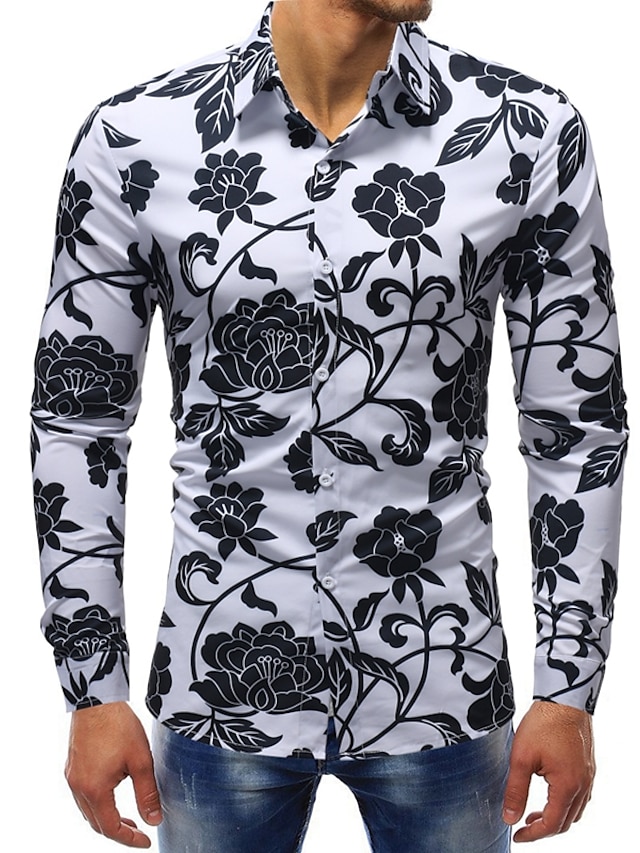  Men's Shirt Floral Shirt Collar Daily Weekend Print Long Sleeve Slim Tops Basic White
