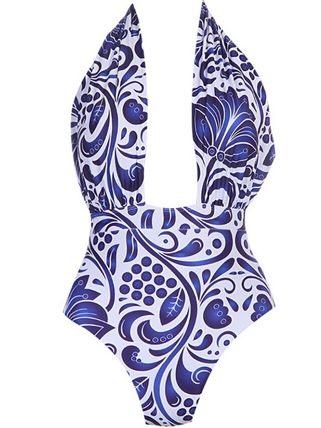  Women's Sporty Basic Plunging Neck Blue Underwire Cheeky One-piece Swimwear - Geometric Backless Print L XL XXL Blue / Sexy