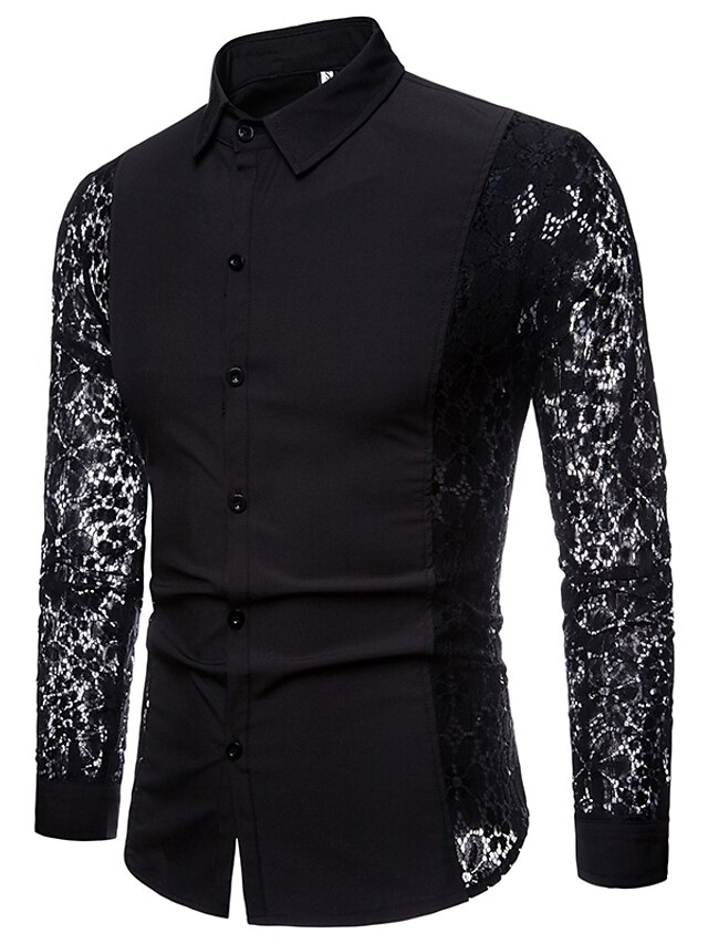  Men's Shirt Prom Shirt Collar Solid Colored White Black Long Sleeve Lace Patchwork Daily Club Tops Basic Sexy / Cut Out