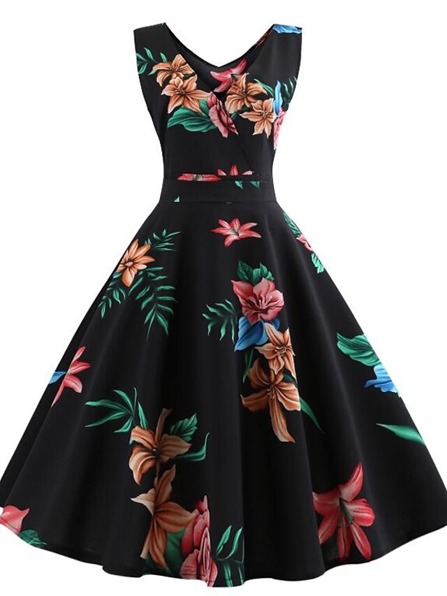  Women's Party Birthday Vintage Slim Swing Dress - Floral Sun Flower, Print High Waist V Neck Spring Black S M L XL