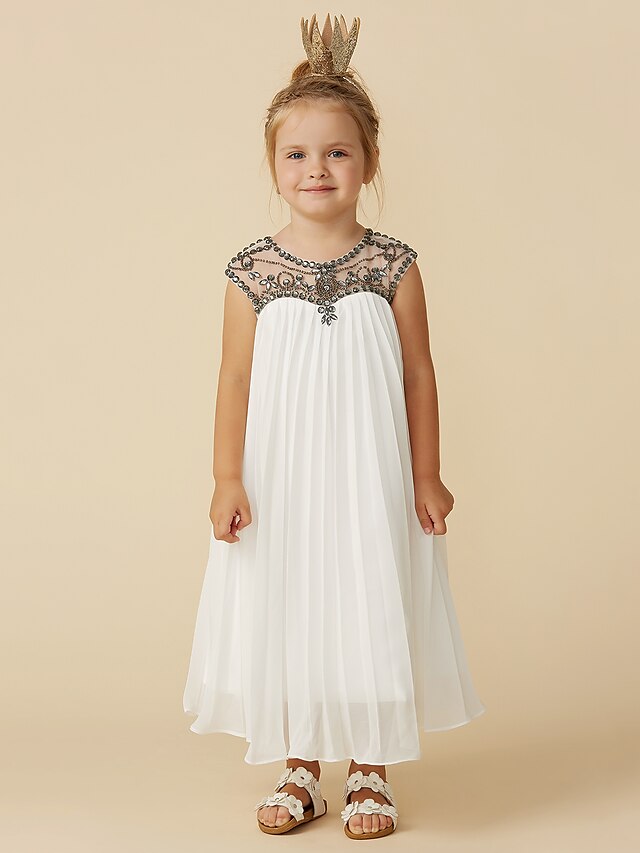  A-Line Tea Length Flower Girl Dress Holiday Cute Prom Dress Chiffon with Beading Fit 3-16 Years