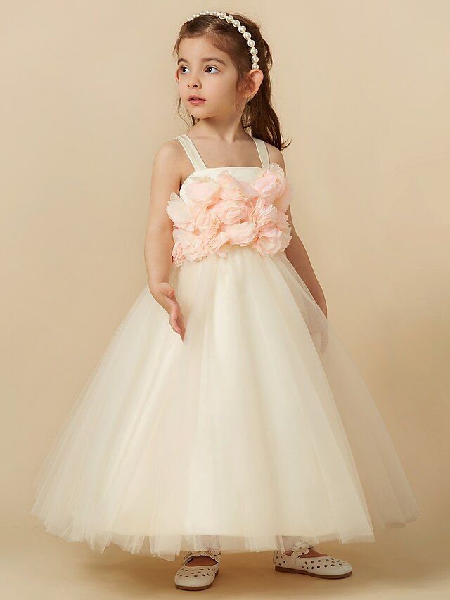  Sheath / Column Knee Length Flower Girl Dress Cute Prom Dress Tulle with Flower Fit 3-16 Years