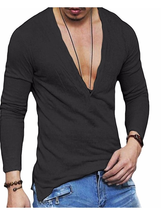  Per uomo Camicia maglietta Maglia a maniche lunghe Pop art Liscio A V scollato Normale Manica lunga Abbigliamento Lino Muscolo Essenziale
