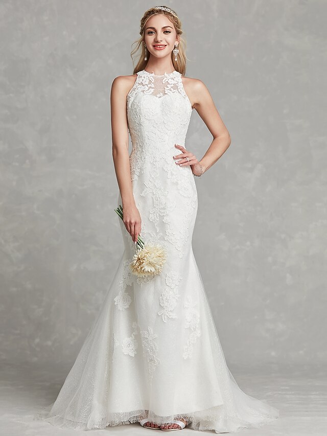  Mermaid / Trumpet Bateau Neck Court Train Lace / Tulle Regular Straps Sexy See-Through / Illusion Detail / Backless Made-To-Measure Wedding Dresses with Beading / Appliques 2020