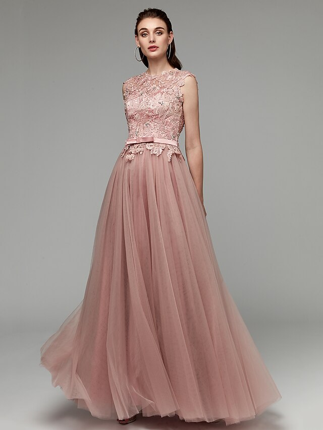  A-Line Elegant Dress Prom Floor Length Short Sleeve Jewel Neck Satin with Sash / Ribbon Beading Appliques 2023
