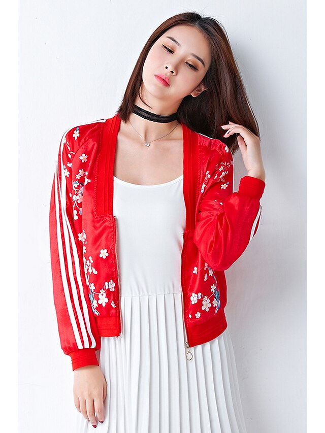  Women's Sports Active Regular Leather Jacket, Floral / Botanical Collarless Long Sleeve Cotton Red