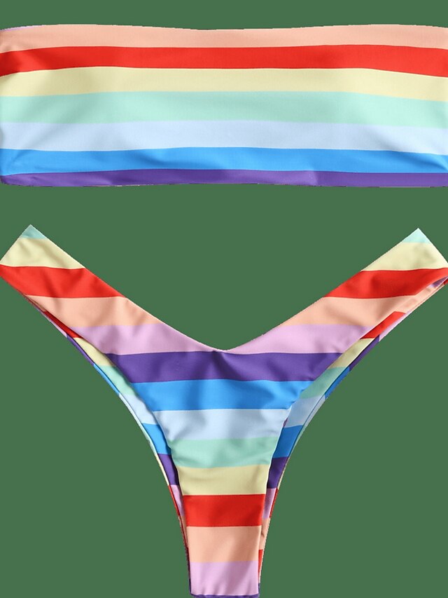  Women's Sporty / Basic Strapless Rainbow Bandeau Thong Bikini Swimwear - Rainbow Backless S M L / Sexy