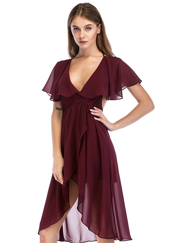  Women's Daily Asymmetrical Slim A Line / Sheath Dress - Solid Colored Deep V Wine M L XL