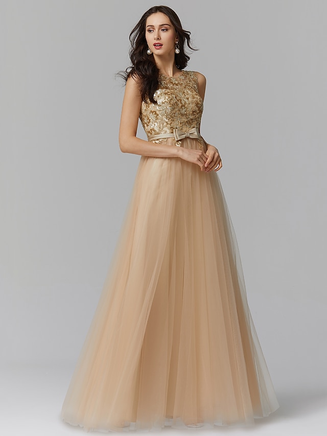  A-Line Elegant Dress Formal Evening Black Tie Gala Floor Length Sleeveless Jewel Neck Tulle Backless with Bow(s) Appliques 2024