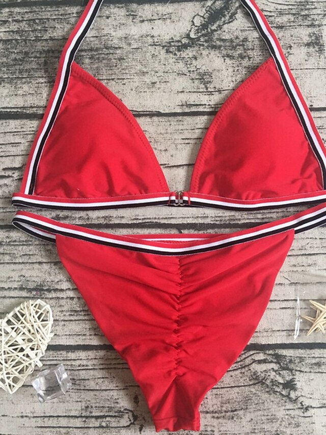  Women's Basic Strap White Black Red Triangle Thong Bikini Swimwear - Solid Colored Backless S M L White / Sexy