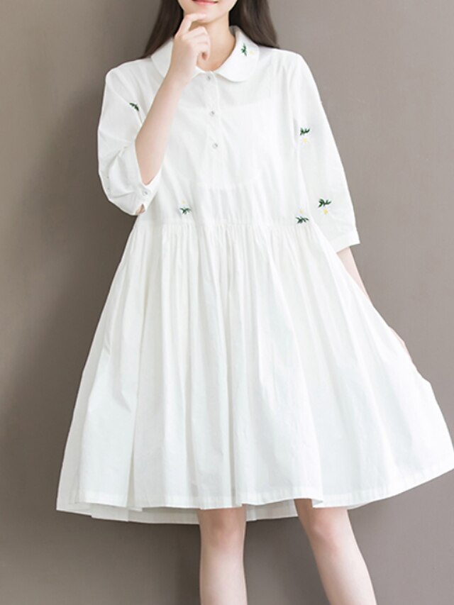  Damskie Biały Sukienka Podstawowy Wiosna Codzienny Linia A Kwiaty Kołnierzyk koszuli Haft M L / Bawełna