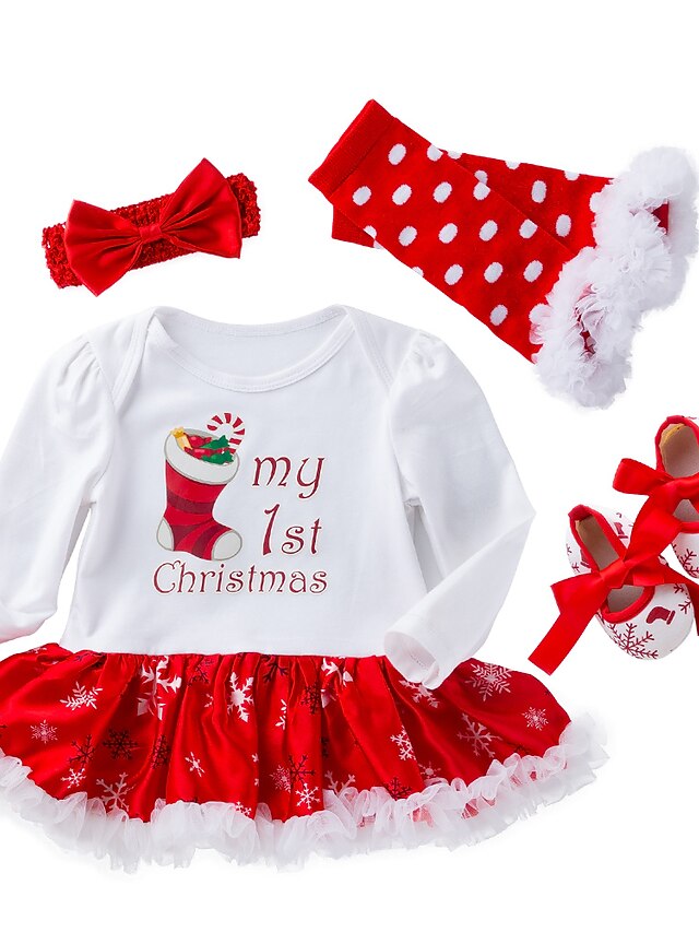 Baby Girls' Active Streetwear Christmas Holiday Going out Cotton Print Mesh Long Sleeve Regular Clothing Set White Red