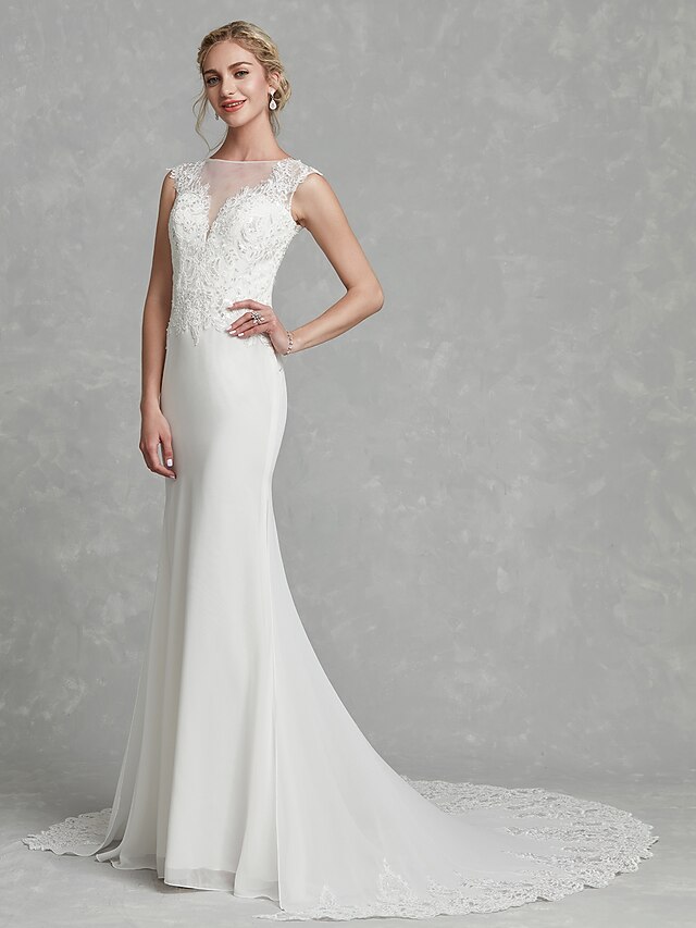 Mermaid / Trumpet Wedding Dresses Bateau Neck Court Train Chiffon Lace
