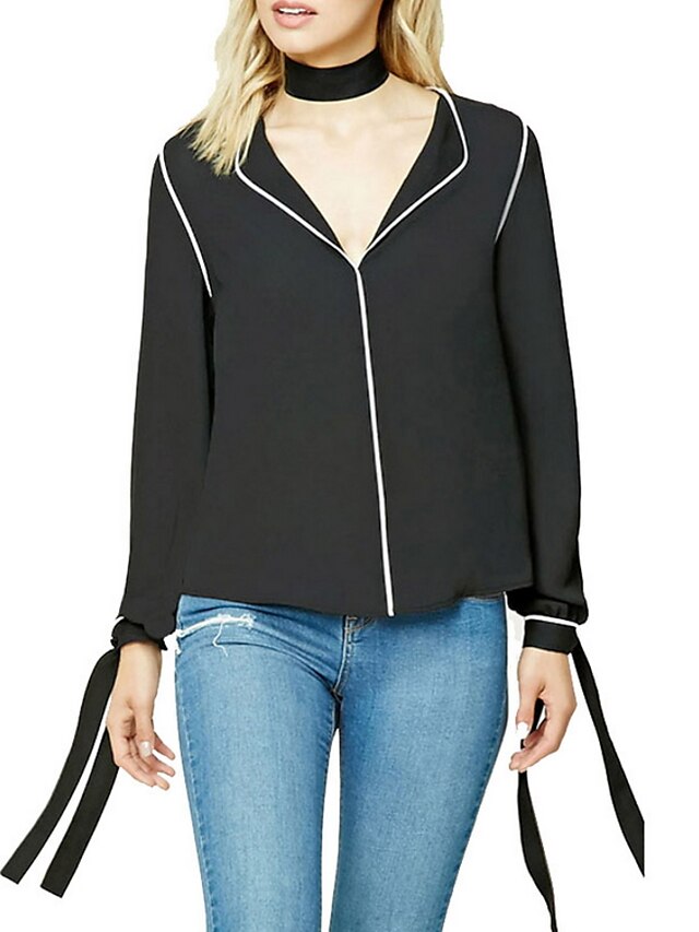  Women's Daily Plus Size Blouse - Solid Colored Shirt Collar Black