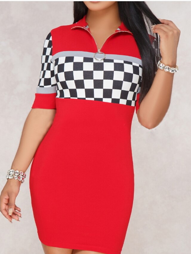  Women's Plus Size Daily / Weekend Basic / Street chic Skinny Bodycon Dress - Solid Colored / Color Block / Check Patchwork V Neck Summer Cotton Blue Black Red XL XXL XXXL