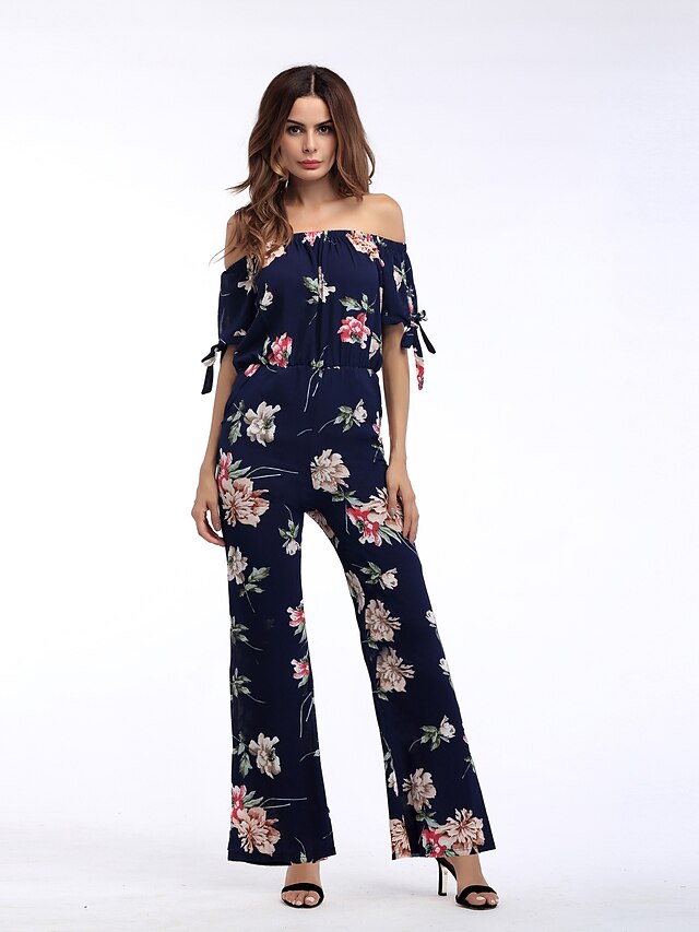  Women's Party / Going out Boat Neck Blue Slim Jumpsuit, Floral L XL XXL High Waist Cotton Short Sleeve All Seasons