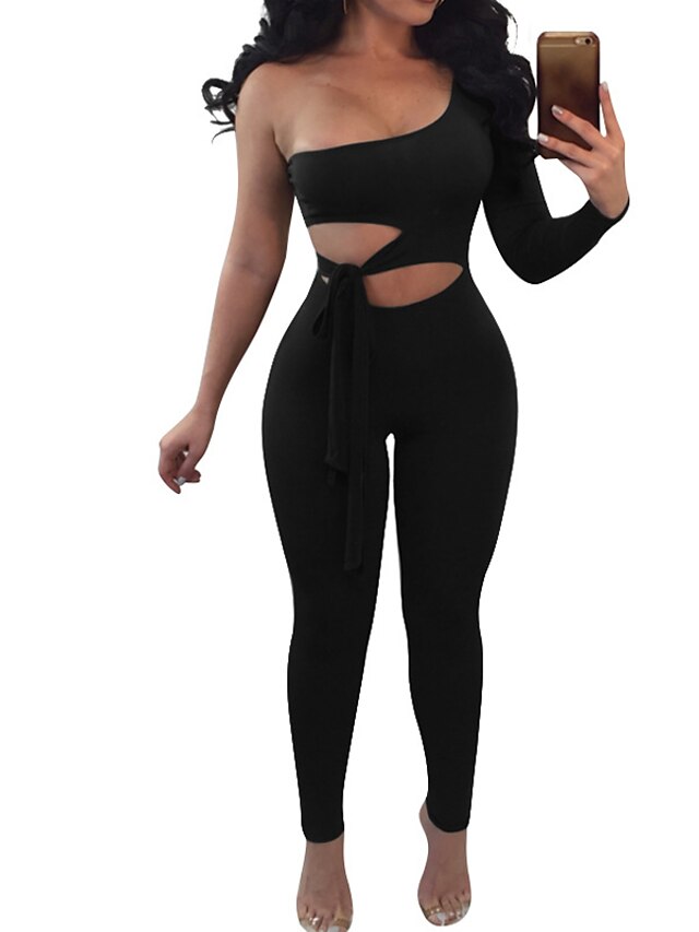  Women's Daily Sophisticated One Shoulder Wine Blue Black Slim Jumpsuit Onesie, Solid Colored Cut Out S M L High Waist Sleeveless Spring Summer / Sexy