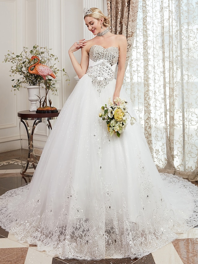 Ball Gown Wedding Dresses Sweetheart Neckline Cathedral Train Lace Over Tulle Strapless Sparkle & Shine Floral Lace with Beading 2022