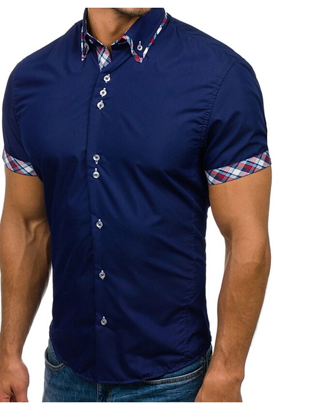  Men's Daily Work Basic Plus Size Cotton Slim Shirt - Solid Colored / Color Block Patchwork Navy Blue / Short Sleeve / Summer