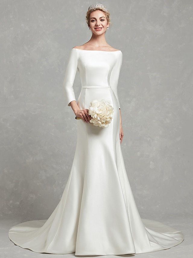  Engagement Formal Wedding Dresses Chapel Train Mermaid / Trumpet Long Sleeve Bateau Neck Satin With Sash / Ribbon Bow(s) 2023 Bridal Gowns