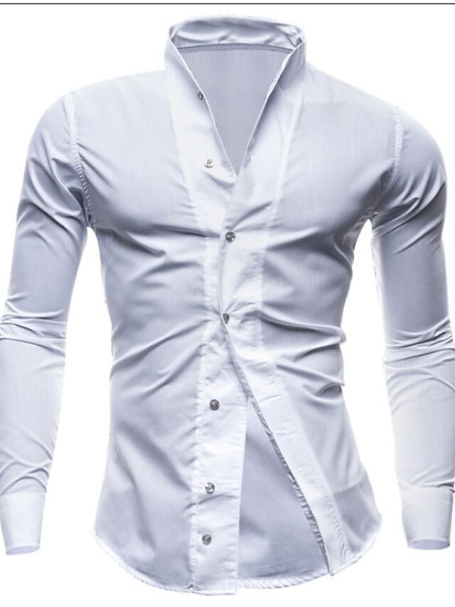  Men's Daily Weekend Basic Cotton Slim Shirt - Solid Colored White / Stand / Long Sleeve / Spring