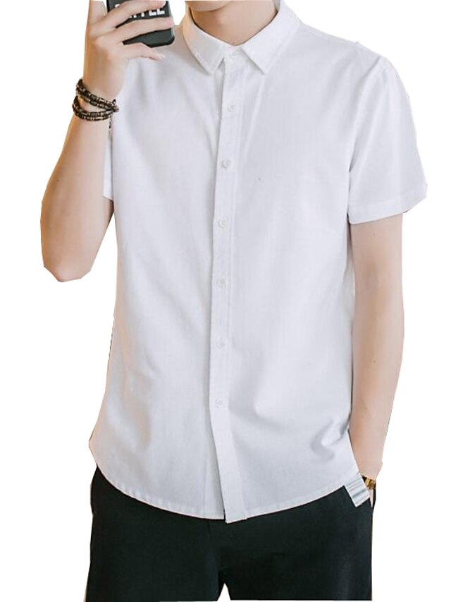  Men's Daily Work Business / Basic Plus Size Linen Slim Shirt - Solid Colored White / Short Sleeve / Summer