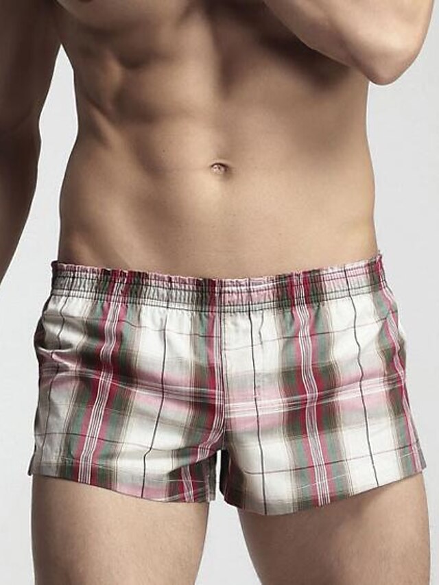  Men's Normal Boxers Underwear - Print, Plaid Mid Waist Red L XL XXL
