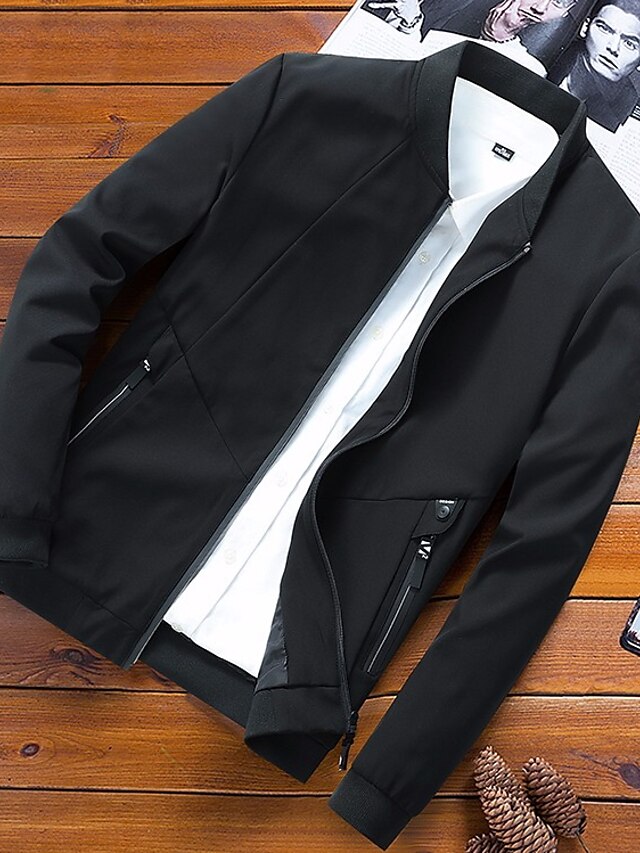  Men's Basic Jackets Contemporary Streetwear Fall & Winter Round Neck Jacket Regular Daily Long Sleeve Polyester Coat Tops Black