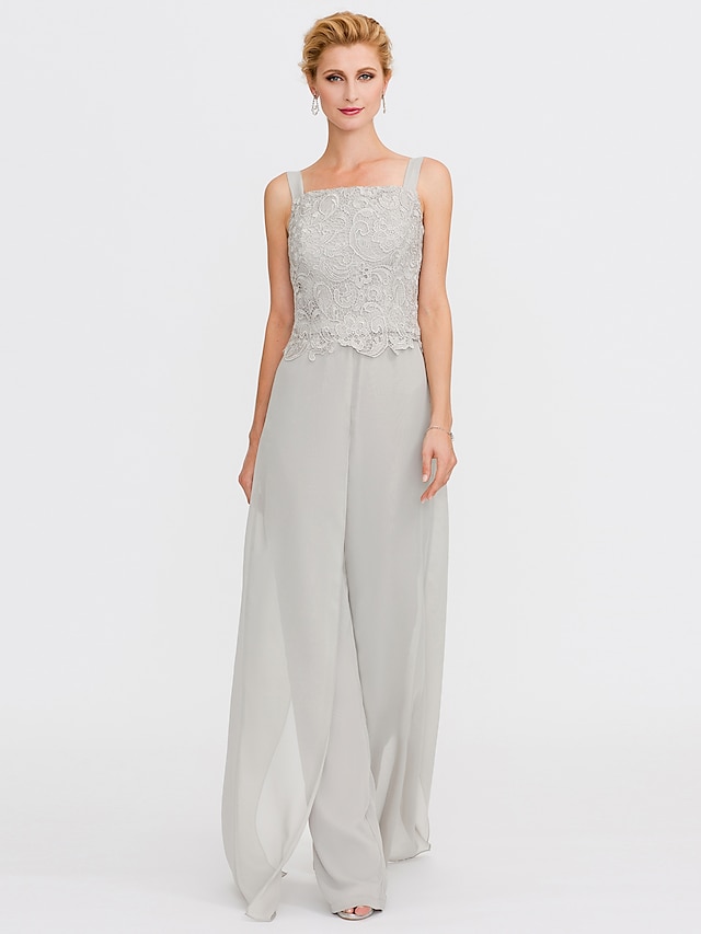  Pantsuit Kjole til brudens mor Elegant Plusstørrelse Firkantet hals Gulvlang Chiffon Snøringsblonder Uden ærmer med Blonde Perlearbejde Applikeret broderi 2024