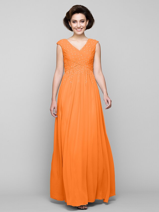 A Line Mother Of The Bride Dress Elegant V Neck Floor Length Chiffon Sleeveless With Criss Cross 4412