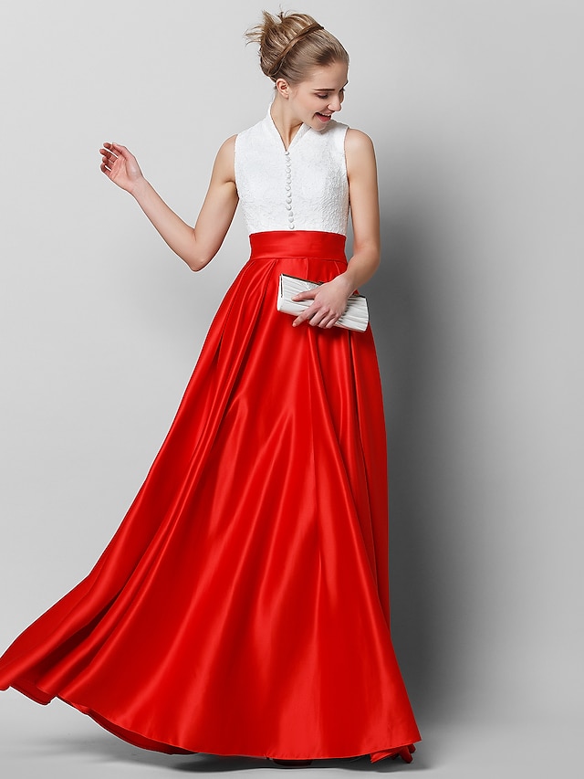  Linea-A Elegante Vestito Serata formale Serata di gala Lungo Senza maniche Collo alto Raso con A pieghe 2024