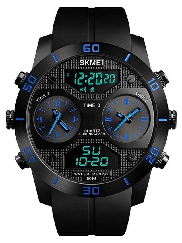  SKMEI Men's Sport Watch Digital Watch Digital Luxury Water Resistant / Waterproof Calendar / date / day Three Time Zones Analog Black Red Blue / Quilted PU Leather
