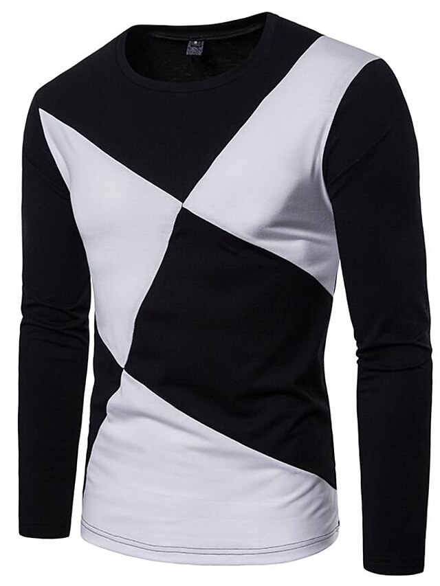  Men's Daily Active T-shirt - Solid Colored Patchwork Round Neck Black / Long Sleeve