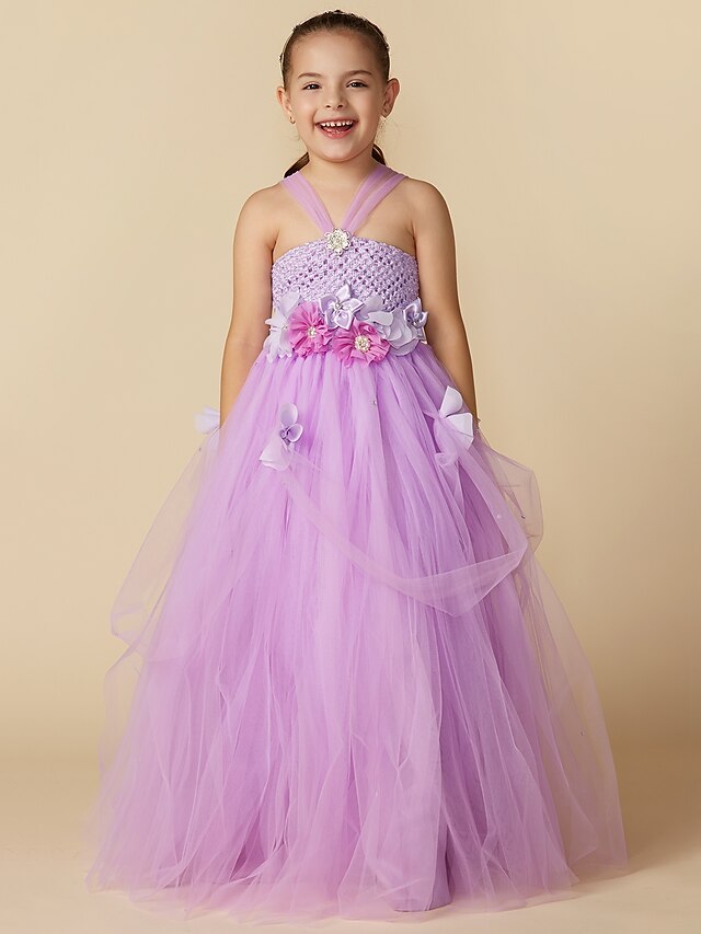  Princess Floor Length Flower Girl Dress - Polyester / Tulle Sleeveless Strap with Flower by LAN TING BRIDE®